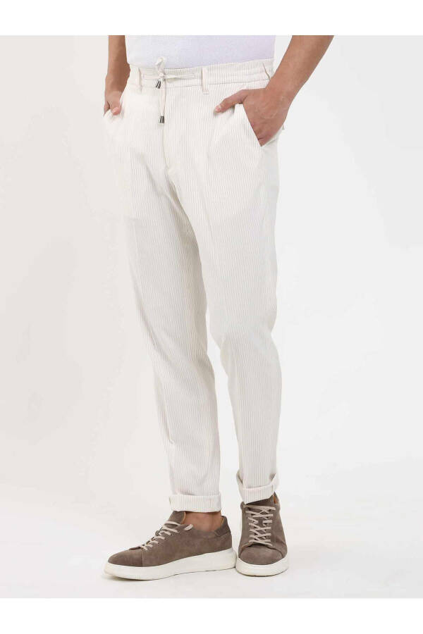 Beige Men's Slim Fit Striped Trousers - 4