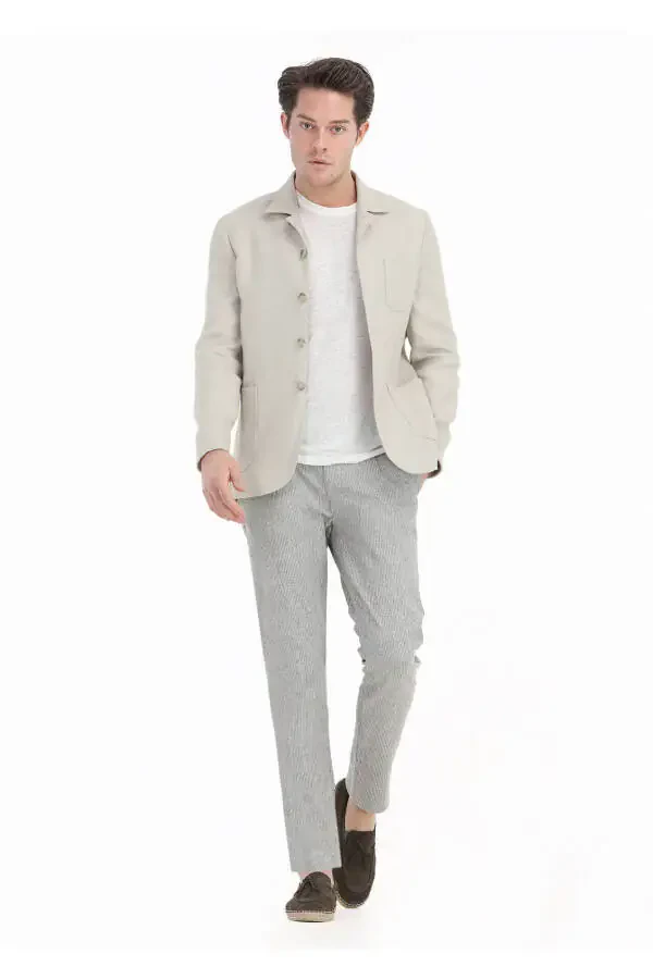 Beige Micro Shirt Shoulder Slim Fit 100% Linen Jacket - 1