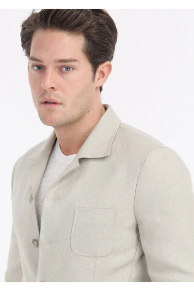 Beige Micro Shirt Shoulder Slim Fit 100% Linen Jacket - 4