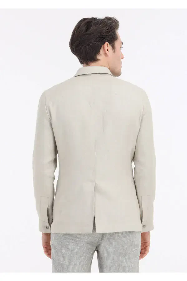 Beige Micro Shirt Shoulder Slim Fit 100% Linen Jacket - 5