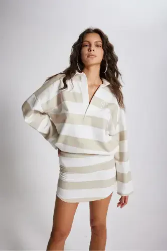 Beige Mini Fortune Skirt in 3 Thread Fleece Fabric - 1