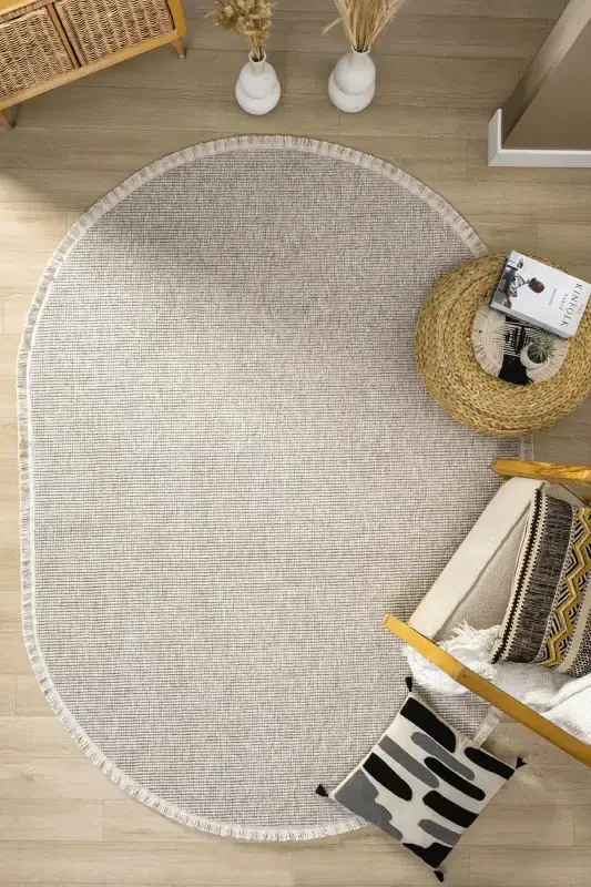 Beige Oval Woven Carpet Living Room Bedroom Hallway Runner Rug BEIGE OVAL-Beige 10 - 1