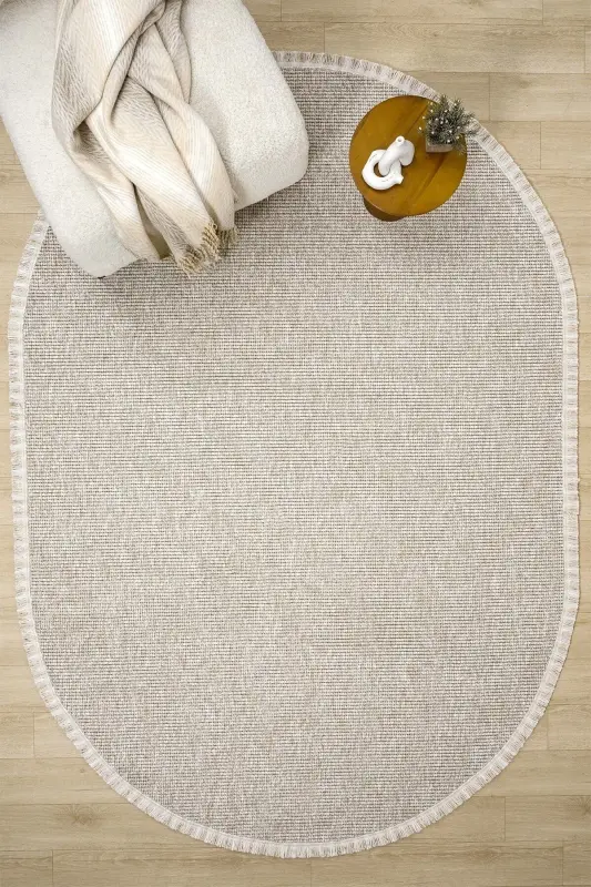 Beige Oval Woven Carpet Living Room Bedroom Hallway Runner Rug BEIGE OVAL-Beige 10 - 6