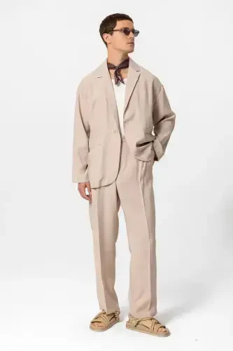 Beige Oversize Unlined Men's Blazer Jacket-Beige - 5