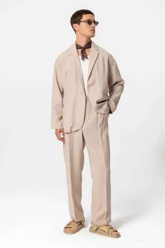 Beige Oversize Unlined Men's Blazer Jacket-Beige - 5