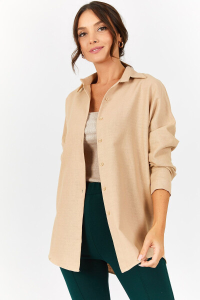 Beige Oversized Long Basic Shirt - 1