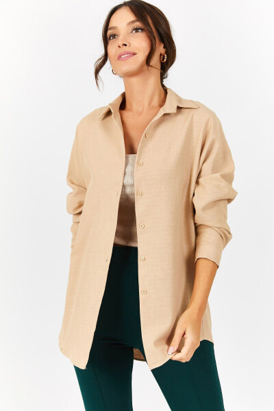 Beige Oversized Long Basic Shirt - 2