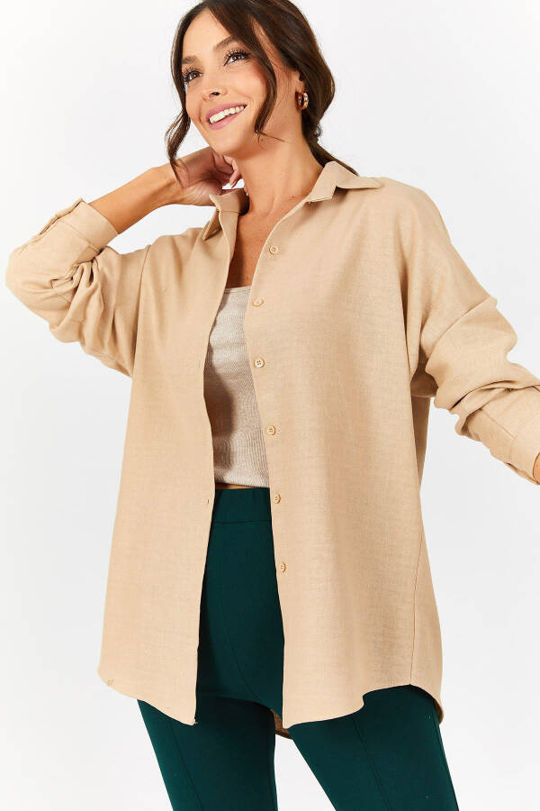 Beige Oversized Long Basic Shirt - 3