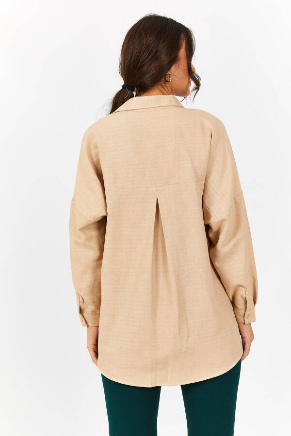 Beige Oversized Long Basic Shirt - 4