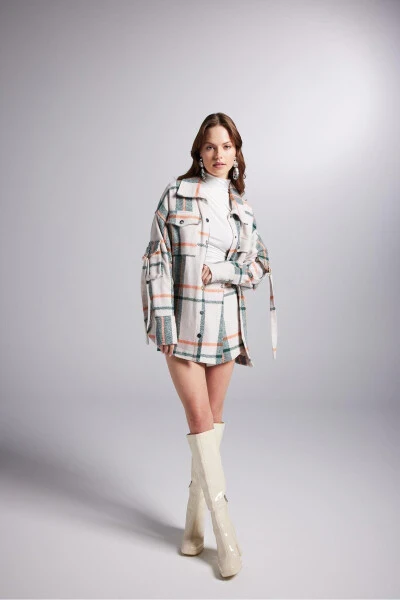 Beige Oversized Lumberjack Odin Shirt with Cargo Pockets and Snap Closure - 7