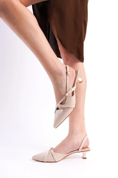 Beige Patent Leather 3 cm Heeled Shoes with Strap Buckle Detail Pointed Toe - BAK STORE