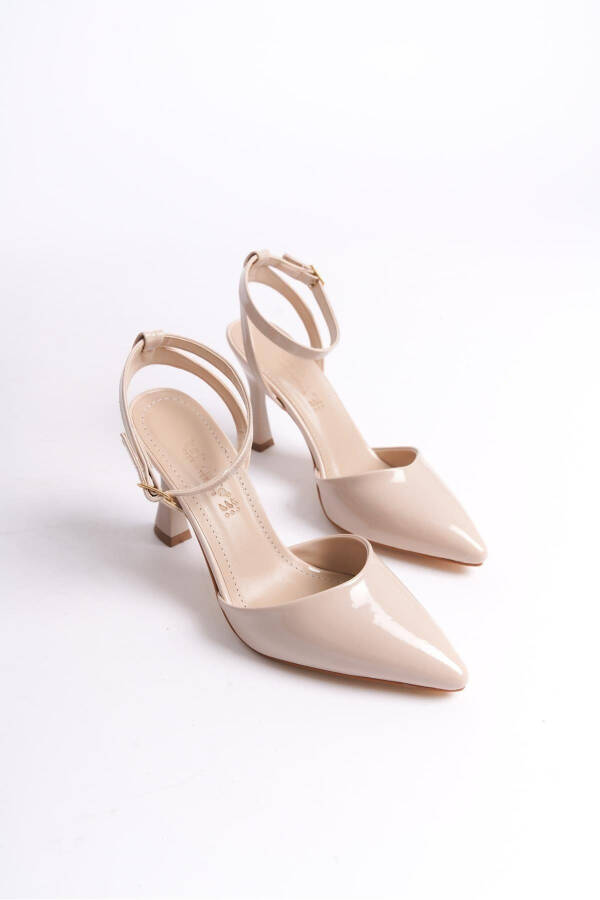 Beige Patent Leather Women's High Heels Pointed Toe Buckle - 4