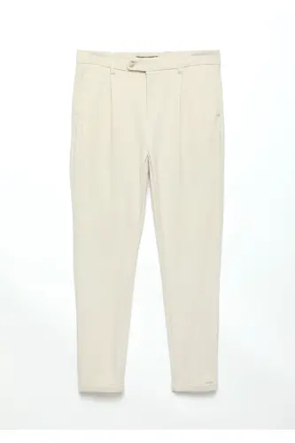 Beige Plain Knit Regular Fit Casual Trousers - 5