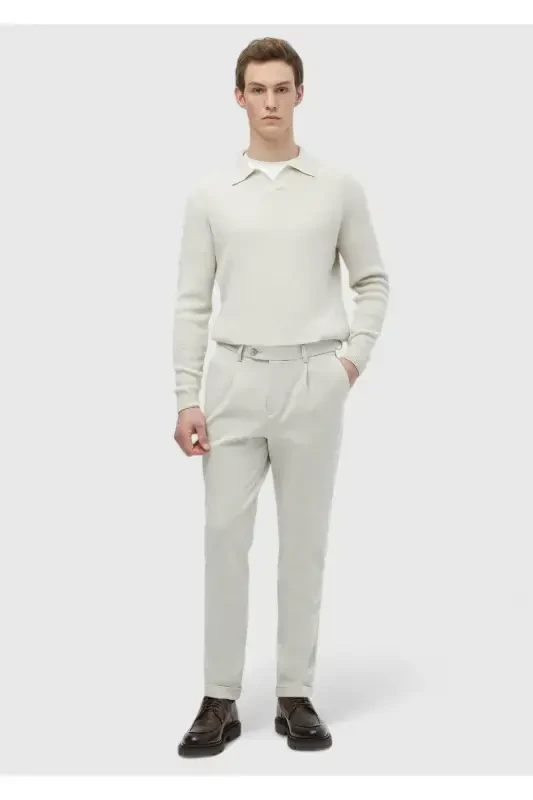 Beige Plain Knit Regular Fit Casual Trousers - RAMSEY