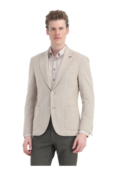 Beige Plain Shirt Shoulder Slim Fit Wool Blend Knit Jacket - 3