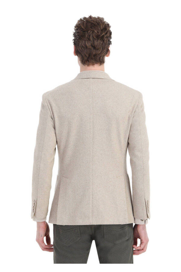 Beige Plain Shirt Shoulder Slim Fit Wool Blend Knit Jacket - 7