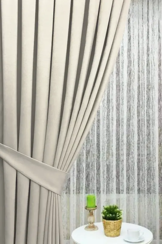 Beige Pleated Velvet Curtain High Quality Single Panel-Beige - 2