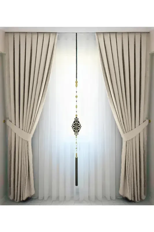 Beige Pleated Velvet Curtain High Quality Single Panel-Beige - 1