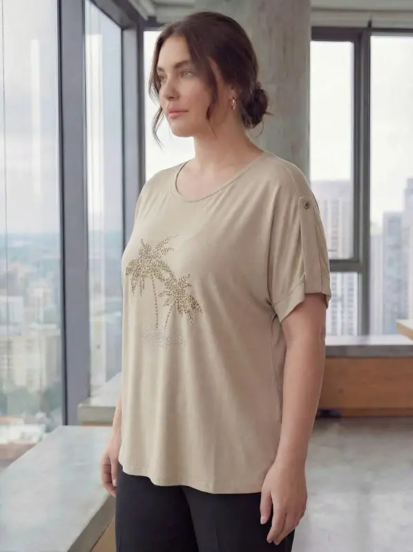 Beige Plus Size T-Shirt with Stone Print and Sleeve Detail - 2