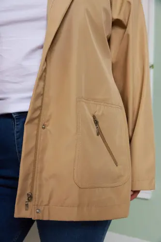 Beige Plus Size Trench Coat with Plaid Lining Detail - 6