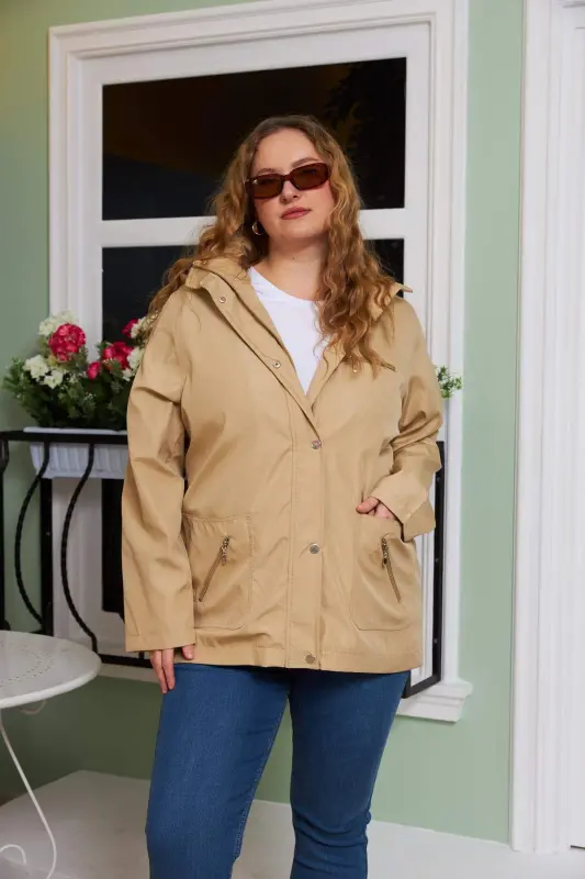 Beige Plus Size Trench Coat with Plaid Lining Detail - 1