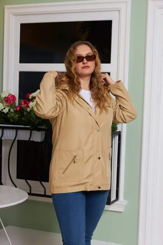 Beige Plus Size Trench Coat with Plaid Lining Detail - 2