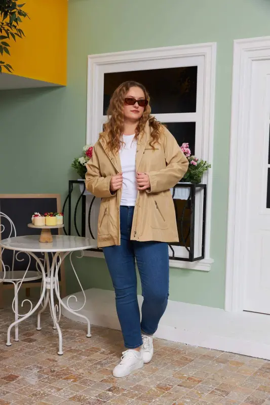 Beige Plus Size Trench Coat with Plaid Lining Detail - 8