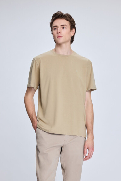 Beige Regular Fit Crew Neck Cotton Knitted T-Shirt 
