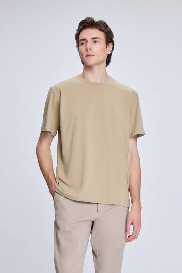 Beige Regular Fit Crew Neck Cotton Knitted T-Shirt - 1