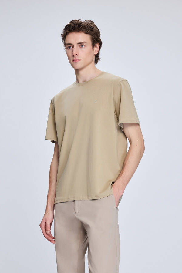 Beige Regular Fit Crew Neck Cotton Knitted T-Shirt - 3