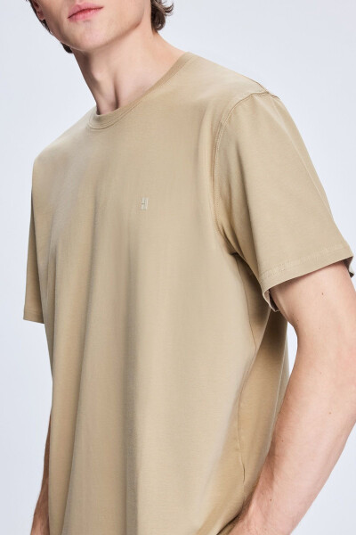 Beige Regular Fit Crew Neck Cotton Knitted T-Shirt - 4