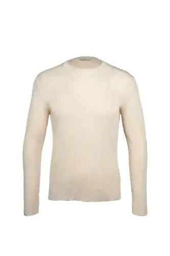 Beige Regular Fit Crew Neck Ribbed Knit Sweater - 1
