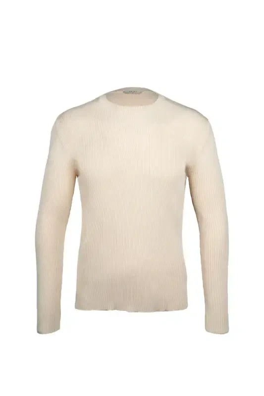 Beige Regular Fit Crew Neck Ribbed Knit Sweater - 1