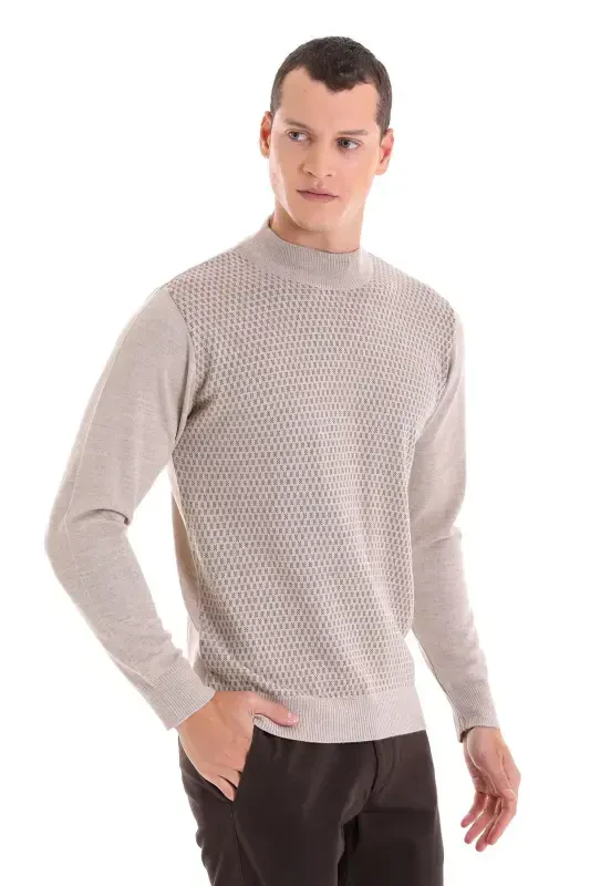 Beige Regular Fit Half Turtleneck Jacquard Wool Knit Sweater-Beige - HATEMOĞLU