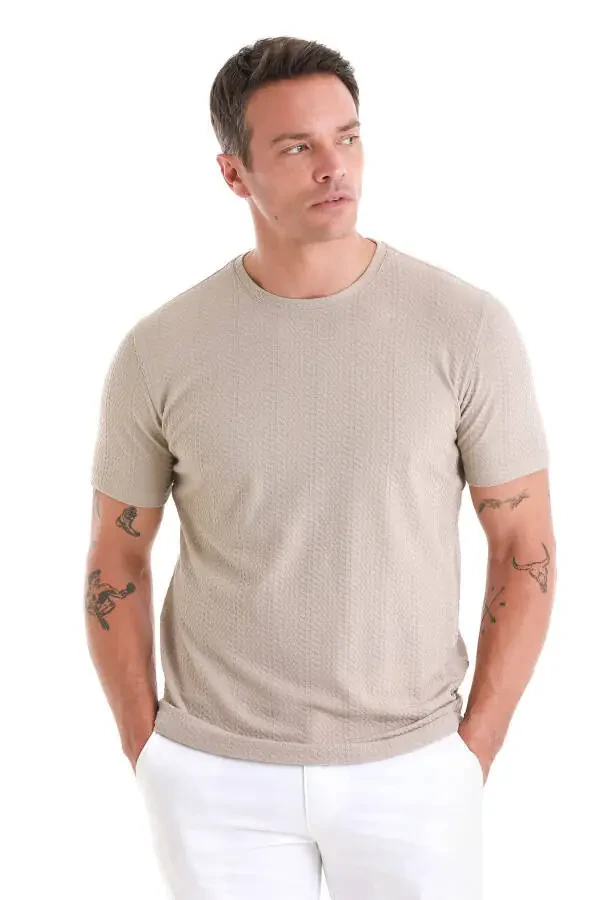 Beige Regular Fit Jacquard Crew Neck T-Shirt - 1