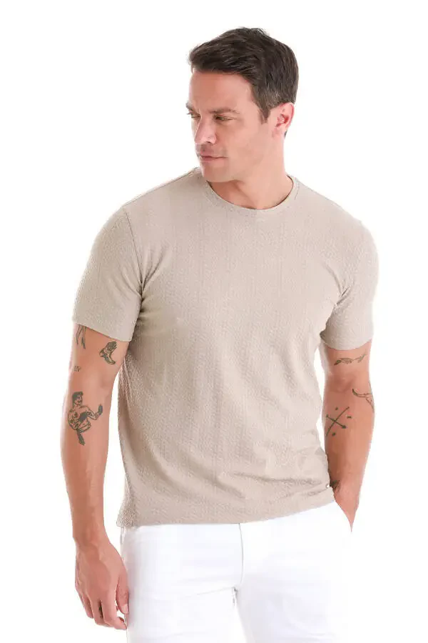 Beige Regular Fit Jacquard Crew Neck T-Shirt - 3