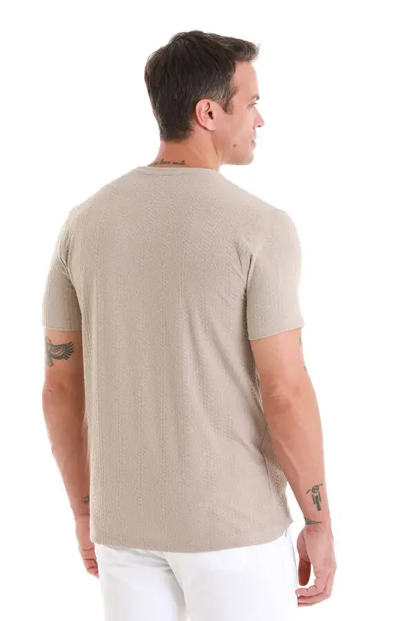 Beige Regular Fit Jacquard Crew Neck T-Shirt - 5
