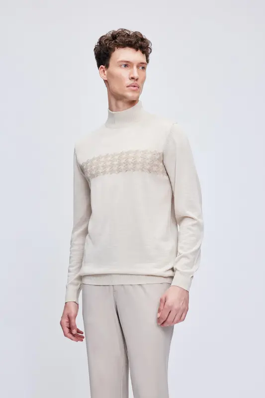 Beige Regular Fit Jacquard Half Turtleneck Wool T - 1