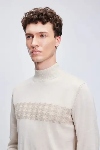 Beige Regular Fit Jacquard Half Turtleneck Wool T - 3