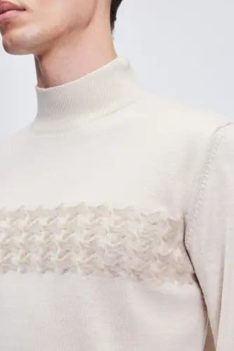 Beige Regular Fit Jacquard Half Turtleneck Wool T - 4
