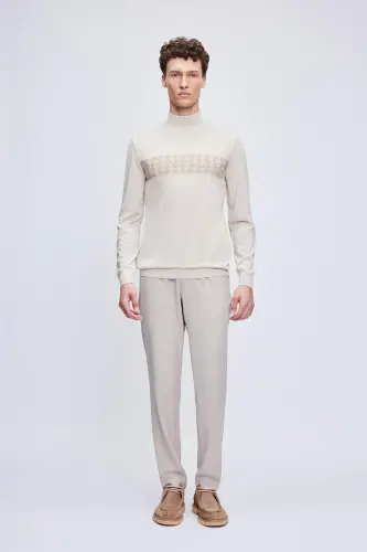 Beige Regular Fit Jacquard Half Turtleneck Wool T - 2