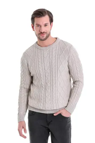Beige Regular Fit Patterned Crew Neck Cotton Knit - 2