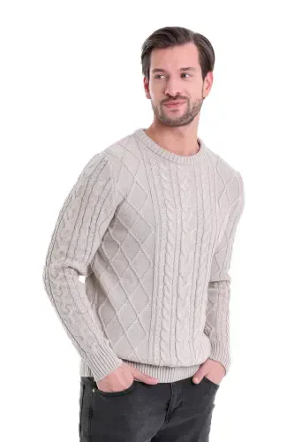Beige Regular Fit Patterned Crew Neck Cotton Knit - 3