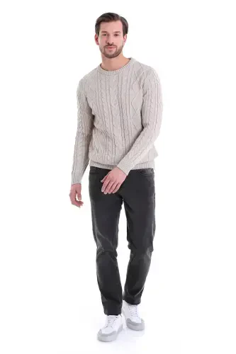 Beige Regular Fit Patterned Crew Neck Cotton Knit - 4
