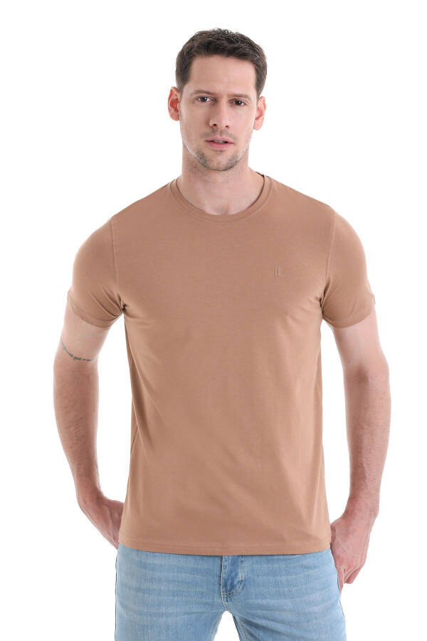 Beige Regular Fit Plain Cotton Crew Neck T-Shirt - 1