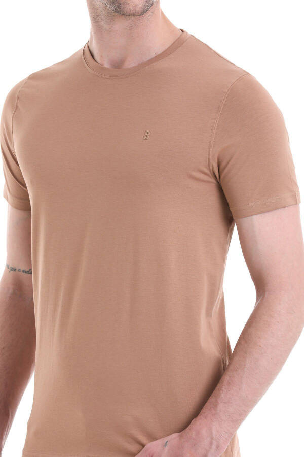 Beige Regular Fit Plain Cotton Crew Neck T-Shirt - 6