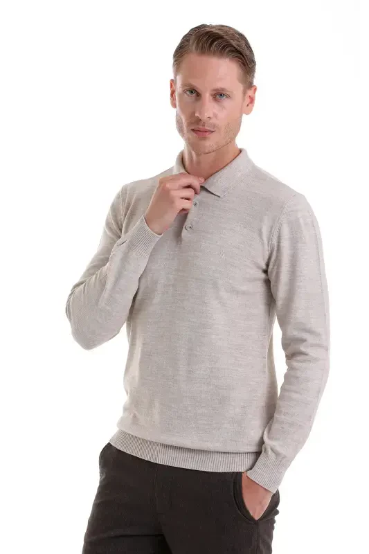 Beige Regular Fit Plain Polo Neck Knit Sweater-Beige - 1