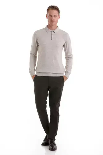 Beige Regular Fit Plain Polo Neck Knit Sweater-Beige - 2
