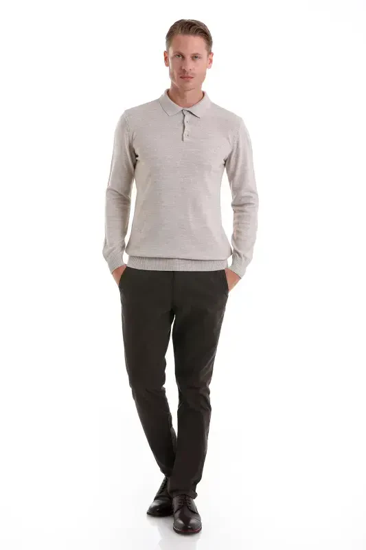 Beige Regular Fit Plain Polo Neck Knit Sweater-Beige - 2