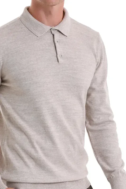 Beige Regular Fit Plain Polo Neck Knit Sweater-Beige - 3